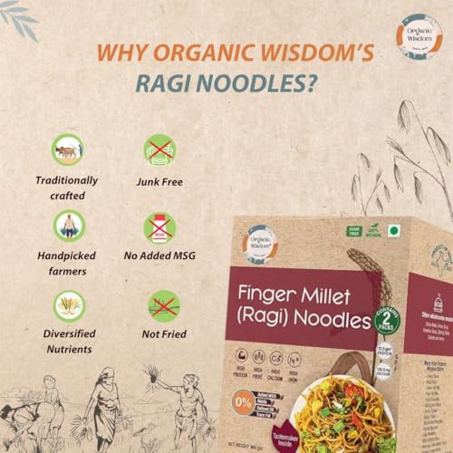 Image of Organic Wisdom Ragi Noodles (Finger Millet) | Healthy Millet Noodles, Pack of 2 - 192g Each | No Maida, Not Fried, Sun Dried | No MSG, No Junk | High Calcium, Iron & Protein | Tastemaker Inside