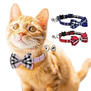 Pet Guard Cat Collar, Breakaway with Cute Bow Tie and Bell for Kitty and Some Puppies, Adjustable from 7.8-10.5 Inch(Red+Blue)