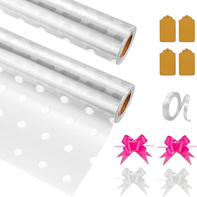 Dekar White Dot Cellophane Wrap for Hampers - Pack of 2 Cellophane Rolls, 4 Bows, 1 Ribbon, & 4 Gift Tags - Hamper Wrapping Cellophane Roll for Gifts, Flowers, Wedding, & Parties - (41cm x 15m)
