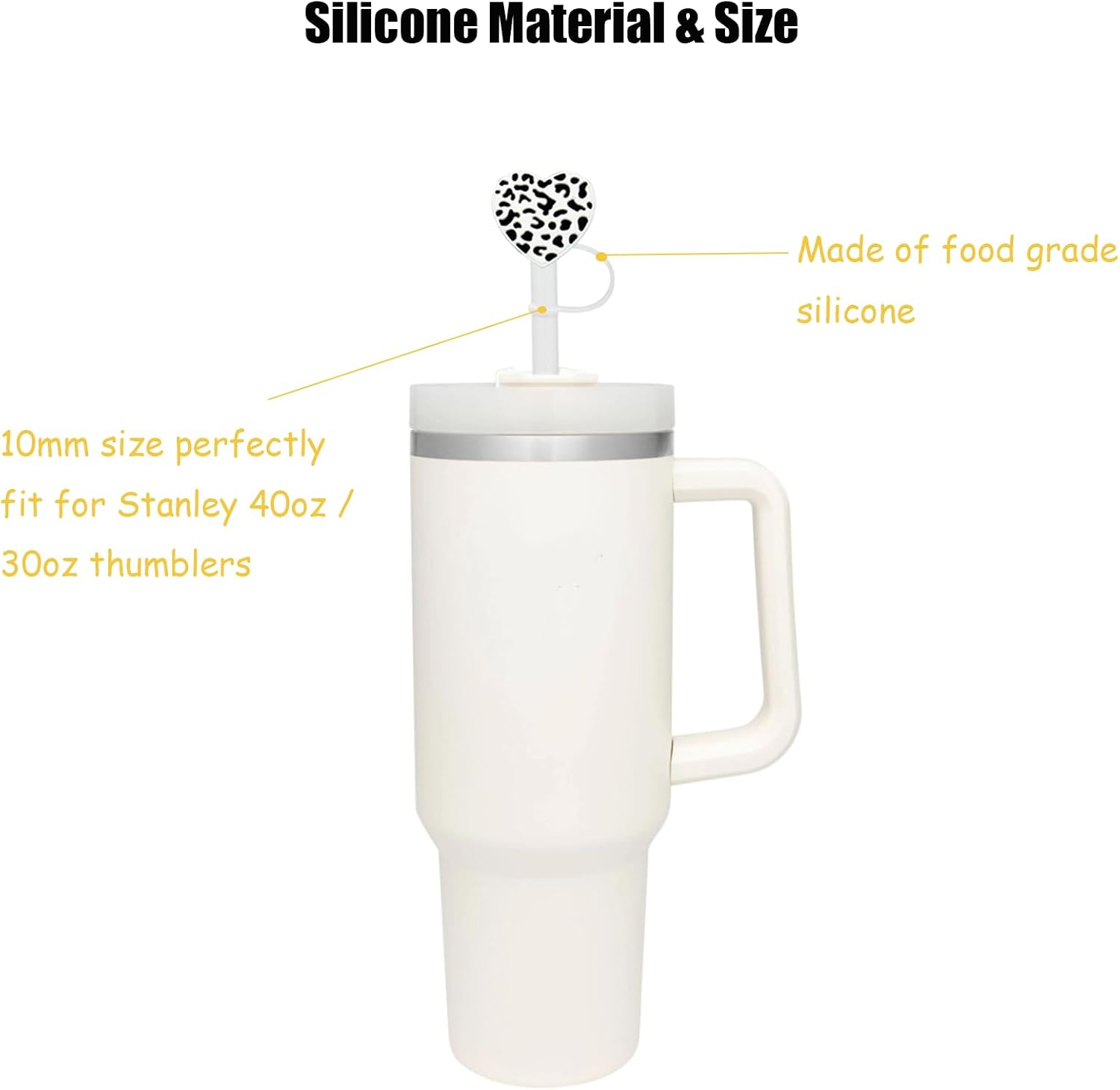 4pcs Straw Topper Cap for Stanley Straw Cover 40 oz 30 oz 10mm Food Grade Silicone Stanley Cup Accessories Cute Heart Large Straw Tips Cover Protector Plugs for Stanley Tumblers with Handle