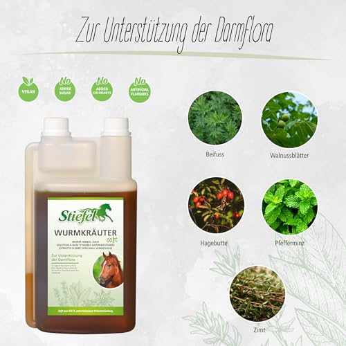 Stiefel Wurmkräutersaft für Pferde, aus einer 100% naturbelassenen Kräutermischung, kann zur Unterstützung der Darmflora beitragen, keine Wurmkur, flüssig, 1l