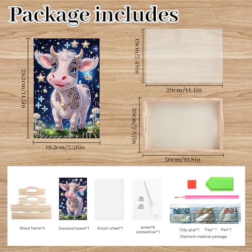 Image of DIY Diamond Art Tray with Handle Diamond Art Painting Plate Creative Design Handmade Wooden Tray Mosaic Making Kits by Number Kits Diamond Art for Coffee Living Room Home Organizer (Milk Cow)