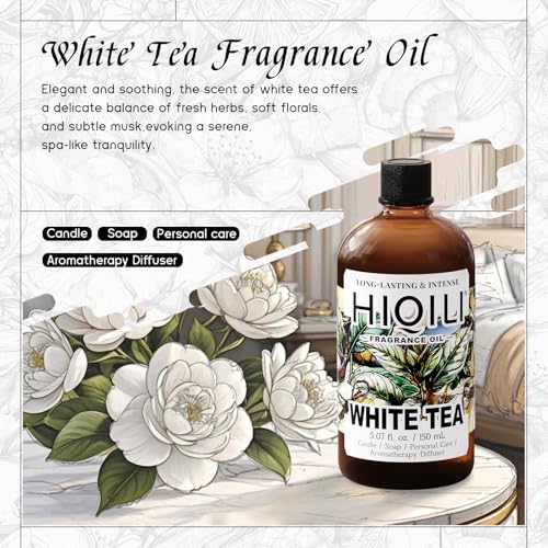 Image of HIQILI White Tea Fragrance Oil for Reed Diffuser for Home - 5.07 Fl Oz | Hotel Collection Diffuser Oil, Long-Lasting Scent, DIY Candle & Soap & Perfume & Air Freshener Spray, Dropper Included