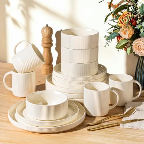 Image of TheTerra Ceramic Dinnerware Set for 4, 16-Piece Plates and Bowls Set | Lightweight Porcelain Dish Set, Scratch Resistant, Oven & Microwave & Dishwasher Safe, Beige
