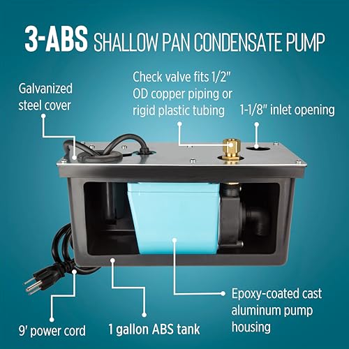 Image of Little Giant 3-ABS 1 /12 HP, 115 Volt, 310 GPH Automatic Shallow Pan Condensate Removal Pump with Condensate Collection Tank, Black /Blue, 551320