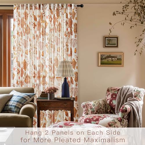 Image of XiDi Terracotta Linen Sheer Curtains with Vintage Floral 84 Inches Long for Bedroom Living Room Back Tab Burnt Orange Leaf Flower Patterned Drapes Light Filtering Privacy 2 Panels Autumn Fall Decor