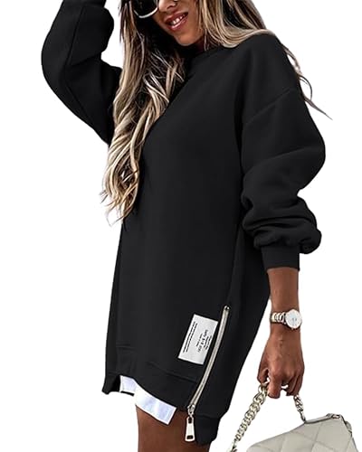 CHICME Womens Long Sleeve Zipper Slit Oversized Sweatshirt Casual Pullover
