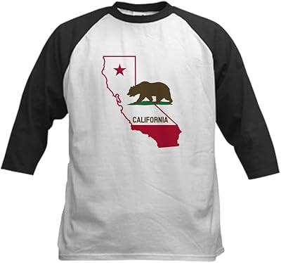 CafePress CALI State W Bear Baseball Jersey Kids Cotton Baseball Jersey, 3/4 Raglan Sleeve Shirt Black/White