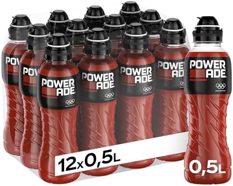Powerade Sports Wild Cherry, kalorienarmes Sportgetränk mit Kirsch-Geschmack, mit Elektrolyten, Sport Drink in stylischen Einweg Flaschen (12 x 500 ml) (Verpackung kann variieren)