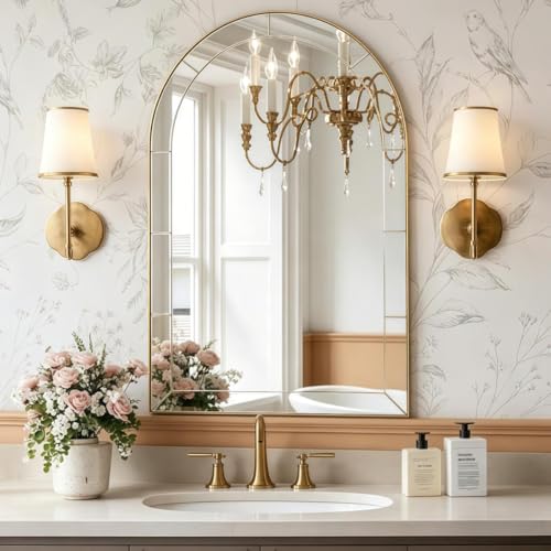 Image of MOON MIRROR Arched Mirror for Bathroom, Bathroom Mirrors for Over Sink, 20x30 inch Brushed Gold Non-Rusting Vanity Mirror in Brass Stainless Steel Metal Frame