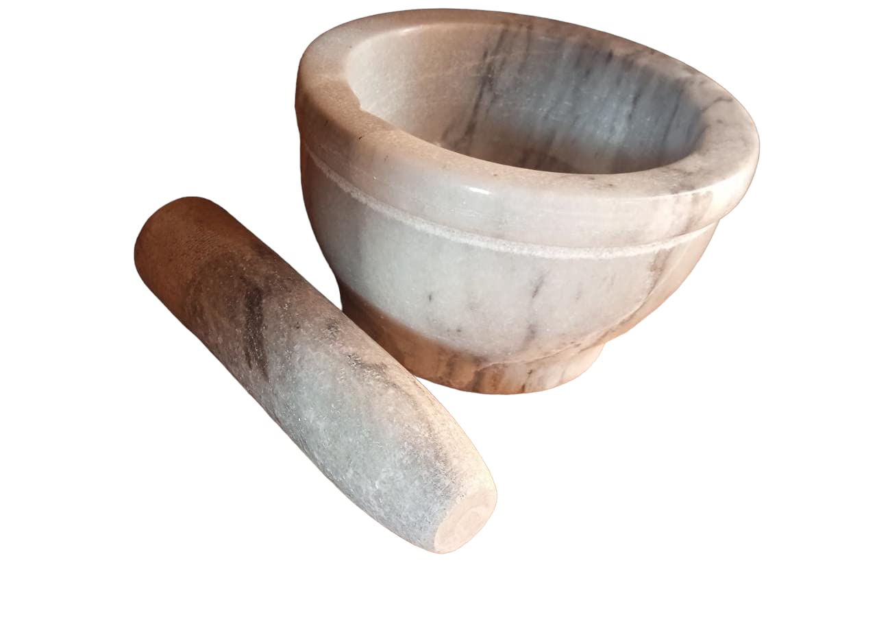 4SU TRADERS Marble Mortar & Pestle Stone Grinder for Spices, Seasonings, Pastes, Pestos, and Guacamole