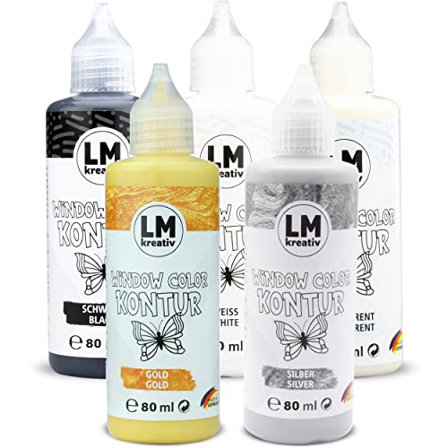 LM Window Color Set (5 x 80 ml Basic-Konturen) - Abziehbare Fenster-Farbe/für Fensterbilder auf Spiegelfliesen & andere glatte Oberflächen. Windows Color Glasmalstifte sind einfach zu dosieren