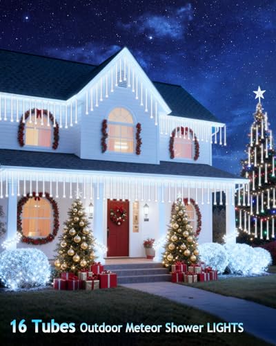 PEMOTech Christmas Lights Outdoor,16 Tubes 576 LED 16 Inch,Meteor Shower Lights Outdoor,Waterproof Icicle Lights,Luces Navideñas para Exteriores,White,50 ft for Christmas Tree,Party,Garden Decor — view 2