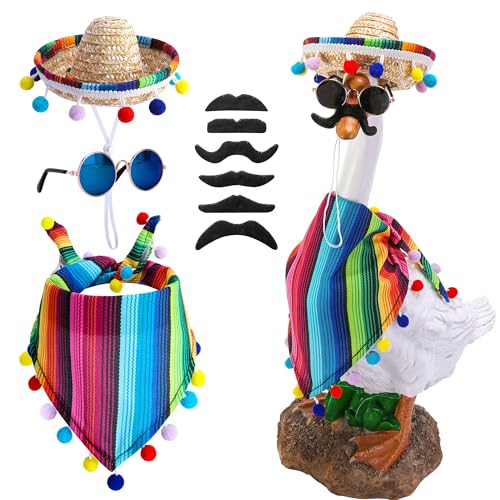 4 Pcs/Set Mexican Porch Goose Outfits 23/ 17 Lawn Goose Statue Clothes Costume for Cinco De Mayo Garden Goose Clothes Mexican Sombrero with Bandana Scarf Beard Glasses for Patio Yard Decoration