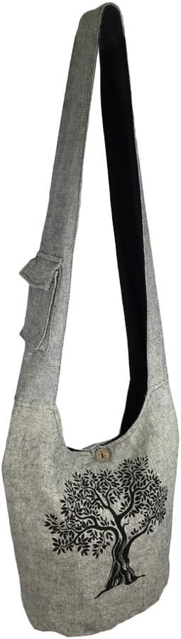 Fair Trade Large Sling Crossbody Shoulder Bag Purse Hippie Hobo Gypsy Bohemian, Grey Tree - Image 9