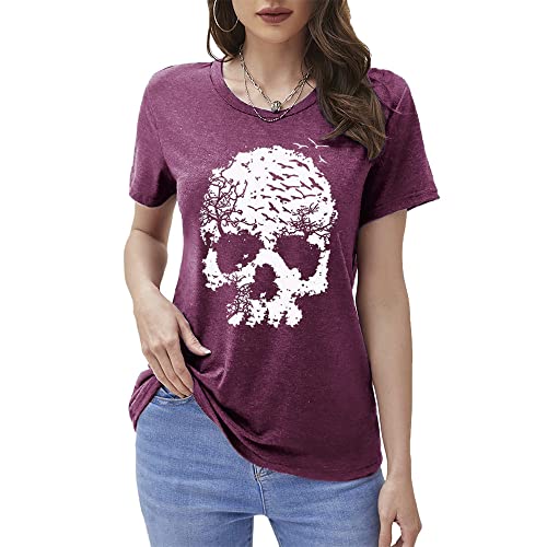 Skull Shirts For Women Vintage Skeleton Skull Print Tops Casual Loose Fit Plus Size Novelty T-Shirts Holiday Tops Purple, 3Xl #TOP1