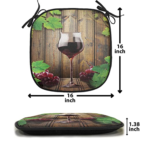 Lunarable Winery Chair Cushion Pads Set Of 6, Wine Glasses And Grapes Rustic Wood Planks Alcoholic Drink Gourmet Taste, Anti-Slip Seat Padding For Kitchen & Patio, 16"X16", Brown Green Burgundy #TOP6