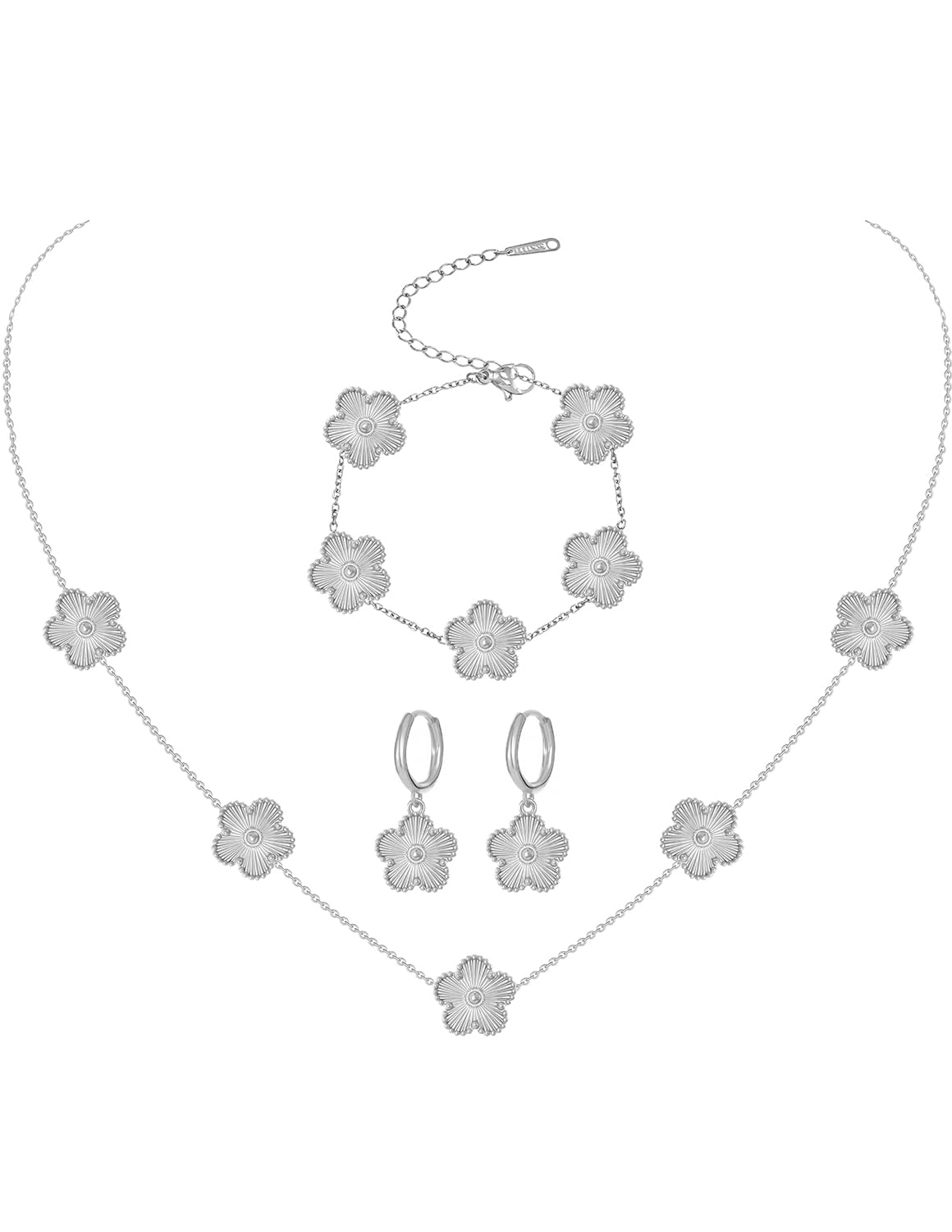 JIEMUCHU Gold Plated Stainless Steel Four Leaf Clover Bracelet Necklace and Earrings Jewelry Set for Women