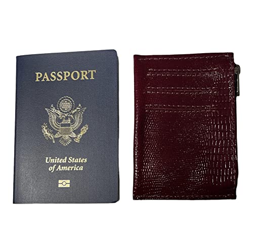 Real Leather Zipper Credit Card Holder - Handmade 100% Genuine Cow Leather Business Card Case Coin Purse Pocket Embossed Reptile Pattern - Lizard Burgundy4