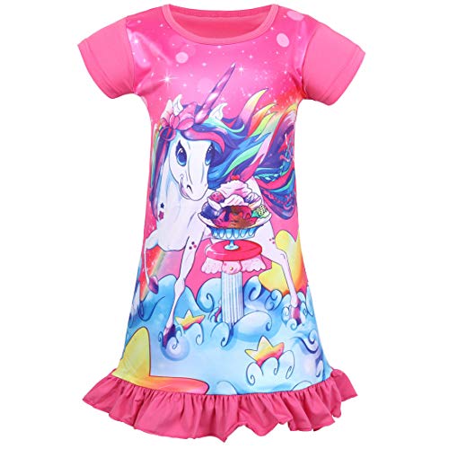 Nidoul Kid Girls Nightgown Night Dress Unicorn Rainbow Princess Pajamas Sleepwear Nightie (Rose Unicorn#3, 8-9 Years)