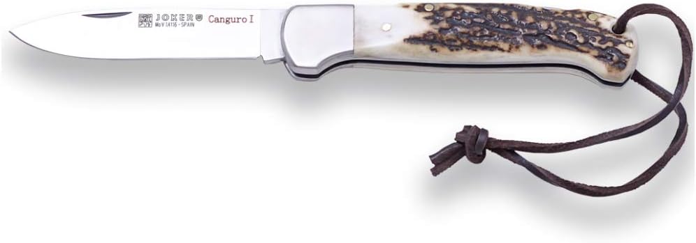 Joker Canguro NC129 Folding Hunting Knife – Handmade in Spain – 3.35" MOVA Stainless Steel Blade – Stag Horn or Olive Wood Handle – Outdoor Bushcraft EDC Pocket Knife (Stag Horn)
