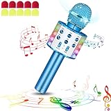 Micrófono de Karaoke Inalámbrico Bluetooth Con Luces LED Portátil de Mano Para Cantar Karaoke Máquina de Altavoz Juguetes Regalos Para Niños Adultos (Azul, Con 10 Cubiertas de Micrófono Desechables)