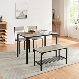 Panana 4 Seats Dining Table Set Wooden Compact Table 2 Chairs 1 Bench Set Metal Kitchen Room Furniture (Grey)