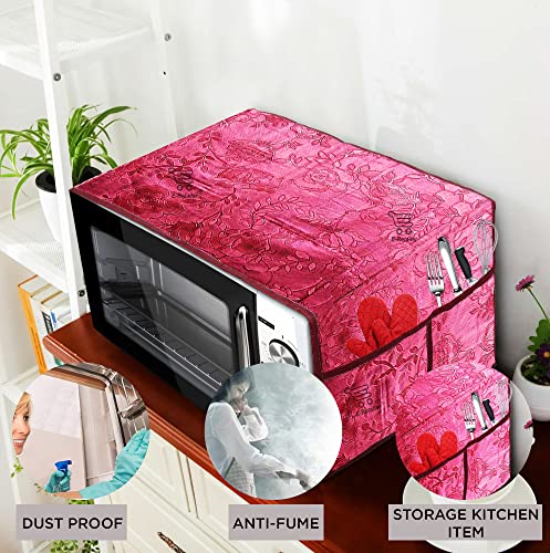 Image of PVC Waterproof 2-Layered Microwave Oven Top Cover With 4 Utility Pockets Suitable for Upto 30 Liter (Color- Red, Size-36x14 Inches)