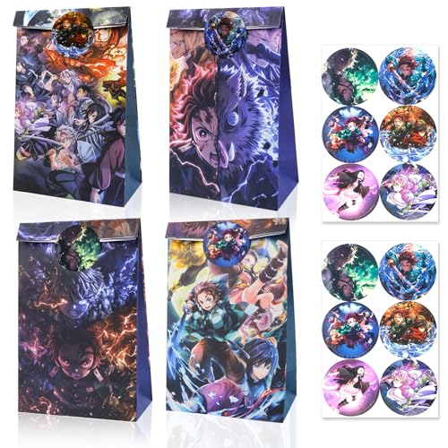 Demon Slayer Lot de 12 sacs cadeaux d'anniversaire pour enfants avec 12 autocollants, sacs en papier pour bonbons et anniversaires d'enfants