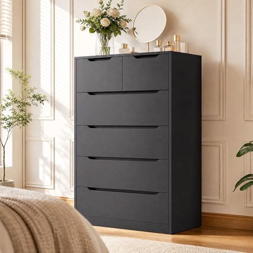 Romorgniz Black Dresser for Bedroom with 6 Wood Drawers, Tall Dressers & Chests of Drawers with...
