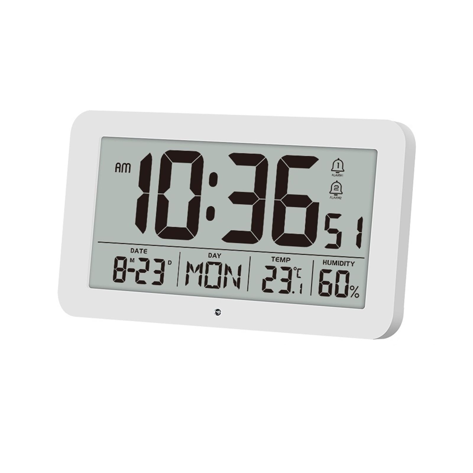 LADFRTYU Atomic Digital Wall Clock Battery Powered Digital Wall Clock TEMP Humidity Date Week 2 Alarm Night Vision 12/24H Auto Dimmable DST Snooze LCD Table(WHITE)