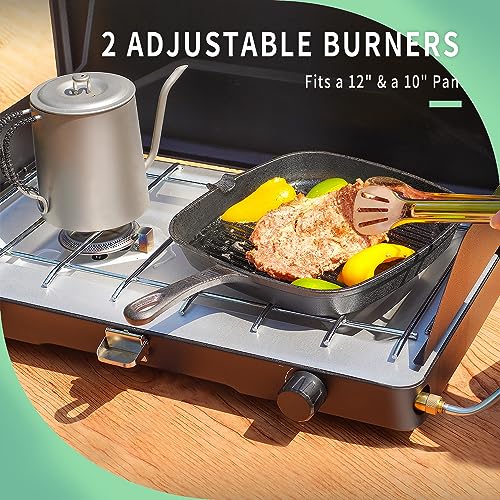 VANSTON 2-Burner Propane Camping Stove, 20,000 Total BTUs Portable Gas Camping Grill, Stovetop with Adjustable Burners, Wind Guards, Heavy-Duty Latch, Built-in Carrying Handle, Pressure regulator - Image 3