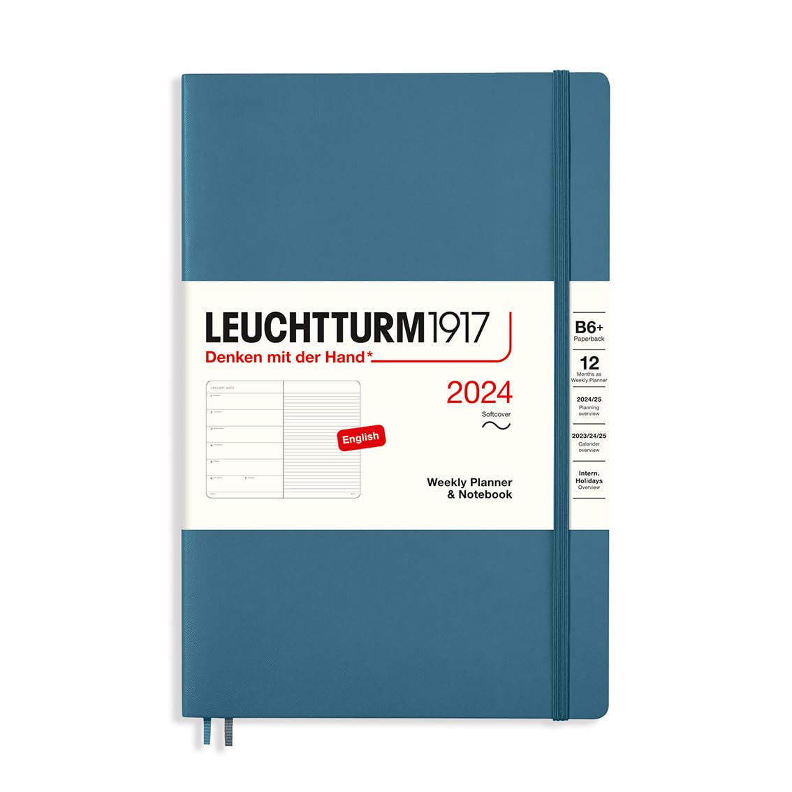 LEUCHTTURM1917 367818 Weekly Calendar & Notebook Softcover Paperback (B6+) 2024, 12 Months, Stone Blue, English
