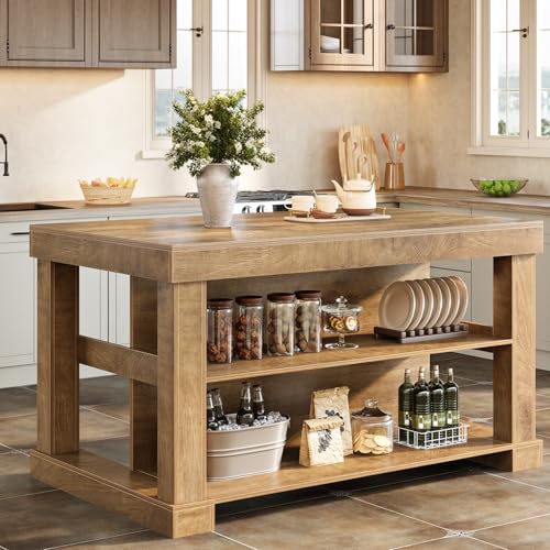 Tribesigns 55' Kitchen Island with Seating and Storage, 3-Tier Farmhouse Wood Stationary Island Table with Large Worktop & Leg Room, Coffee Bar Table with Storage Shelves for Kitchen, Natural Brown