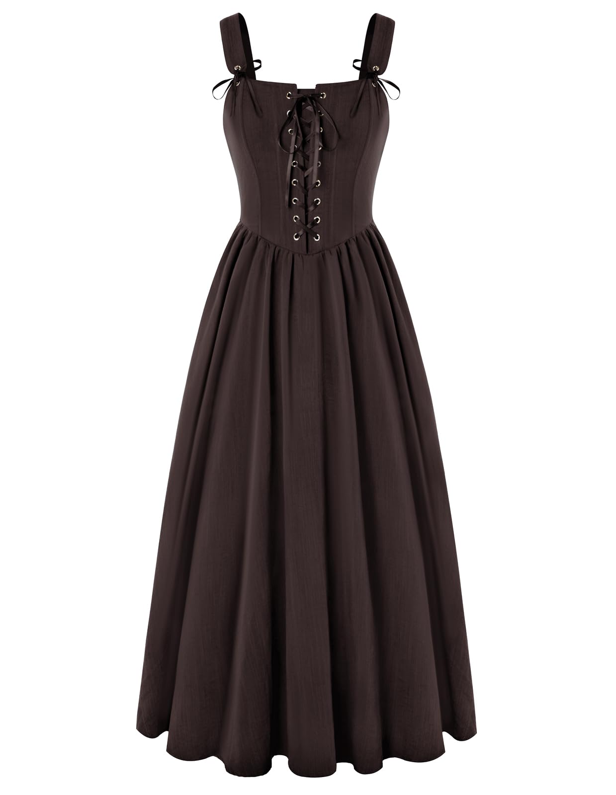 SCARLET DARKNESS Mittelalter Kleid Damen Lang Ärmellos Renaissance Corsagenkleid Fasching Karneval Boho Vintage Maxikleid mit Taschen Braun L