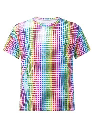 Jugaoge Kids Boys Girls Sparkly Sequin Dance Tops Round Neck Short Sleeve T-Shirts Stage Performance Dancewear Colorful 15-16 Years