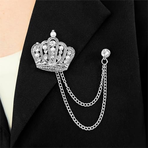 Image of coadipress Crown With Hanging Chain Brooch for Women Men Elegant Gentlemen Gold Silver Crystal Crown Lapel Pin Vintage Rhinestone Wedding Brooch Suit Shirt Pin Accessories