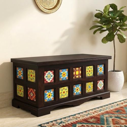Image of Amazon Brand - Solimo Starlore Solid Sheesham Wood Storage Trunk | Wooden Box Chest for Clothes Linen Storage for Bedroom Living Room Home (Walnut Finish)