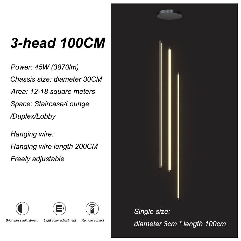 Lampa Wisząca LED Na Klatkę Schodową Nowoczesne Obrotowe Długie Żyrandole Ściemnialne Aluminiowe Wiszące Oświetlenie Sufitowe Regulowana Lampa Sufitowa(Infinite dimming,3-head 100CM)