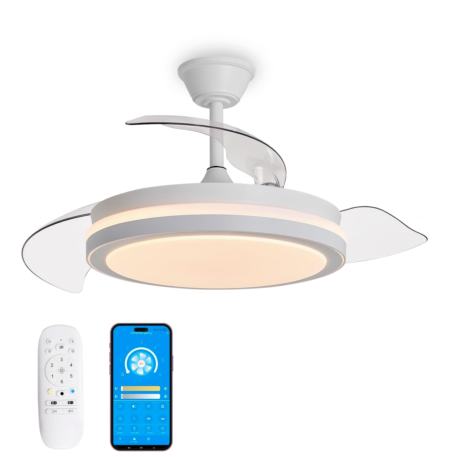 Ventilador de Techo con Luz LED Regulable, Mando + App, Motor DC Control a distancia, Aspas retráctiles, Modo verano invierno, Blanco