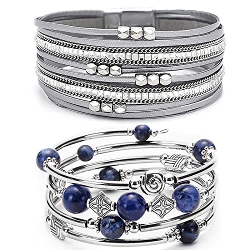 Wovanoo 2 Pieces Wrap Bracelet Multilayer Leather Bracelet Bohemian Beaded Bangle Bracelet Set For Women Blue Grey #TOP9