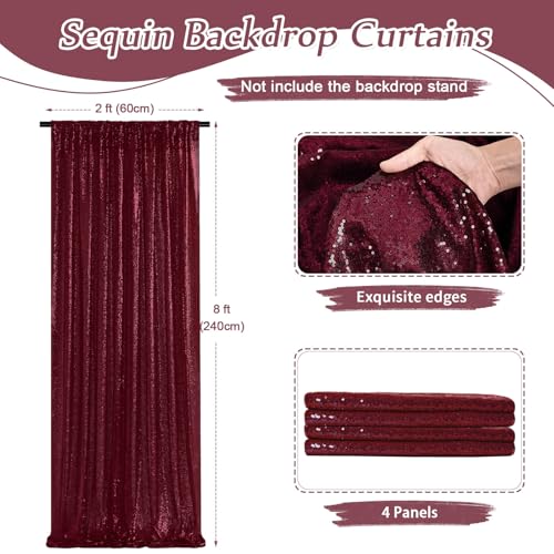 Image of Burgundy Sequin Backdrop 4 Pcs 2ftx8ft Glitter Backdrop Curtains Birthday Party Decoration Photography Backgrounds Fabric Backdrop