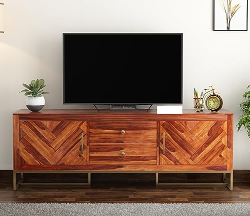 Image of Premium Solid Sheesham Wood TV Unit with 2 Drawers, 4 Shelves, and 2-Door Storage - Accommodates up to 65-Inch TV - Ideal for Living Room (Asher, Honey Finish)
