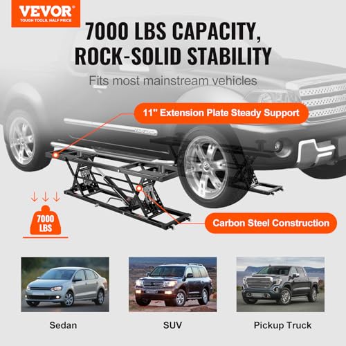 VEVOR Car Lift, 7,000 LBS Capacity Portable Car Lift, with Extended-Length Plates, 26.8" Max. Height, Heavy-Duty Carbon Steel Truck Lift with 120V Power Unit, Auto Car Jack Lifts for Home Garage Shop