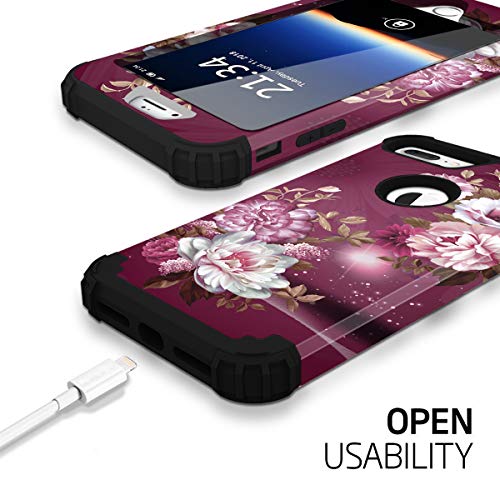 Hocase Iphone 8/7 Plus Case - Heavy Duty Shockproof Protection, Hybrid Hard Plastic+Silicone Rubber, Royal Purple/White Flowers #TOP6