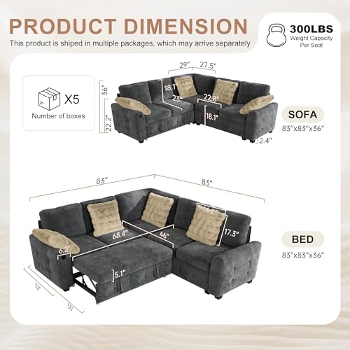 Image of Hanherry Sectional Sofa with Pull Out Couch Bed,Chenille Sleeper Sofa with 2 Seat Storage & USB Charging,Comfy L Shaped Modular Couches for Living Room,Apartment