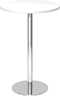 bümö Stehtisch Büro, Bistrotisch rund 80 x 80 cm - Bartisch Weiss, Stehtisch Holz-Platte, Säule aus Metall verchromt, Buffettisch, Säulentisch, Partytisch, Thekentisch, Hochtisch, Barmöbel