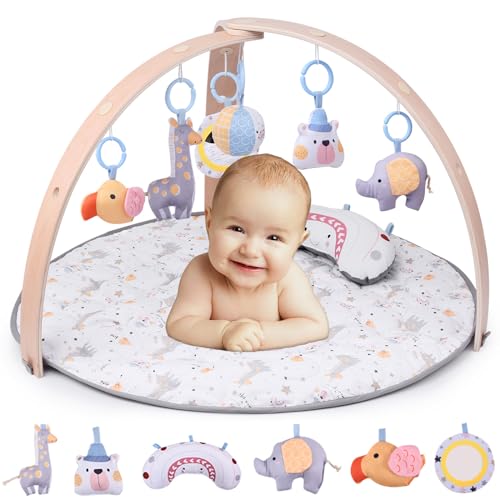 Image of Bellababy Baby Activity Gym & Play Mat with Wooden Bar, Tummy Time Mat with 5 High Contrast Toys & Self-Discovery Mirror & Tummy Time Pillow for Sensory and Motor Skill Development