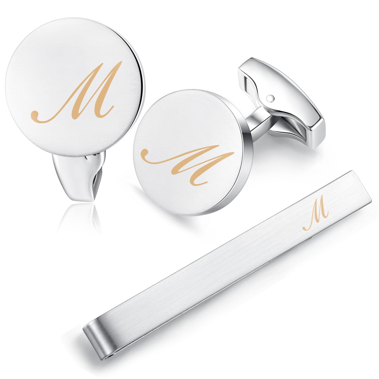 HONEY BEAR Carta Inicial Alfabeto Gemelos & Clip Pasador de Corbata Pisacorbatas - Acero Inoxidable para la Camisa de los Hombres Regalo de Boda del Negocio Plata