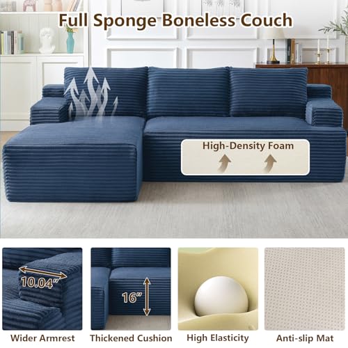 Image of 96.1 inch Modular Sectional Sofa Couches L-Shape Couch 3 Seat Modular Sofa Corduroy Memory Foam Sectional Boneless Couches for Living Room, Cloud Couch with Oversized Chaise(Blue, Left Facing)